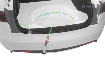 Visual demonstration of water ingress detection using WLTe tester and WICK sensor in vehicle trunk after automotive water leak test