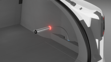 Rigid WLT attachment used as a probe and adapter with WLTe tester to detect water ingress in vehicle interior after automotive water leak test, confirmed by light and sound signal